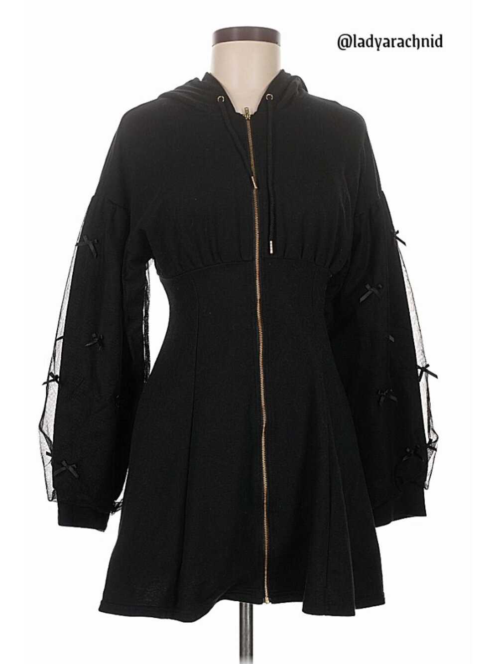 ANK ROUGE jirai kei black tulle-sleeved one piece hoodie dress w/bow details - Picture 5 of 8